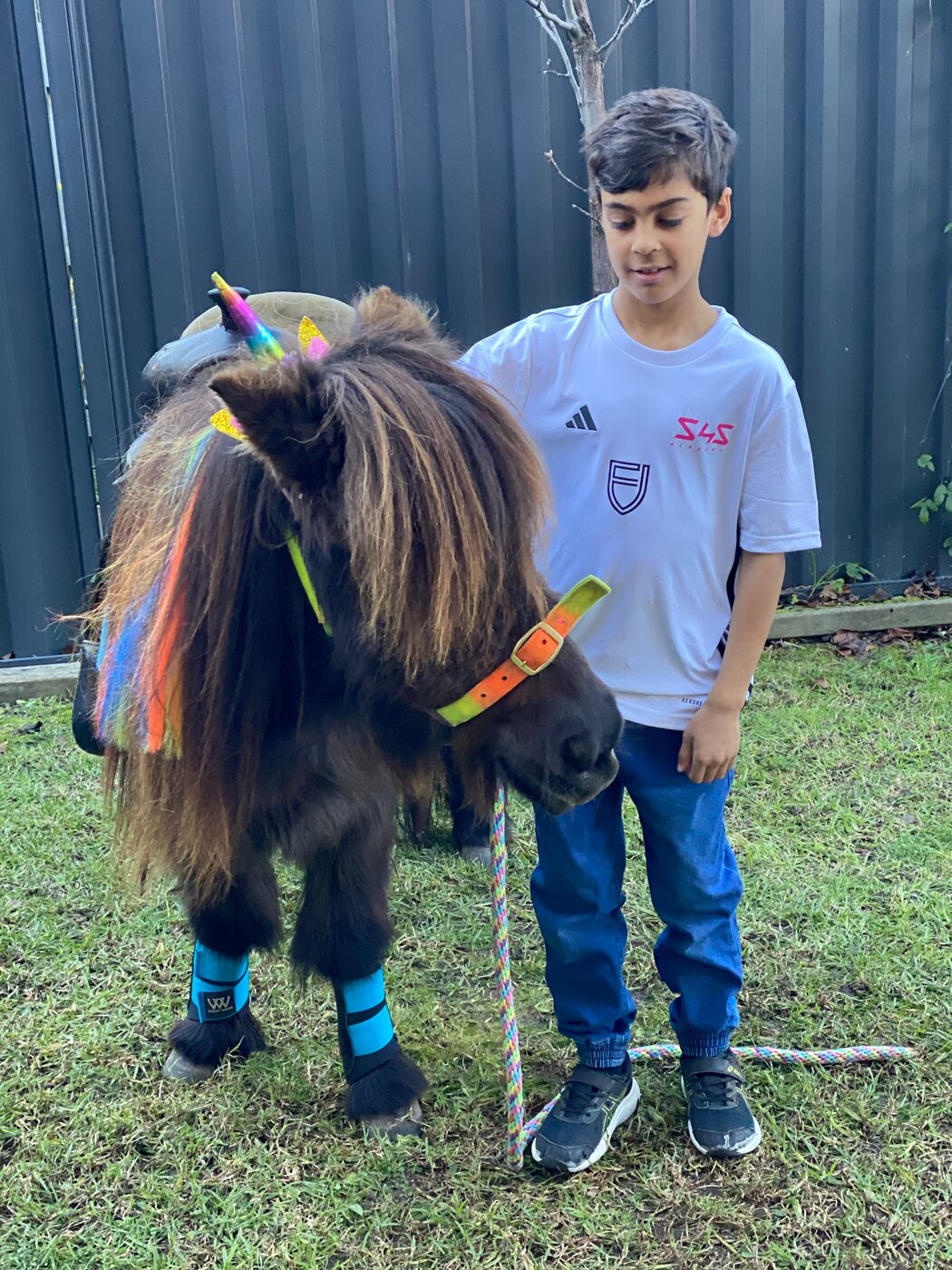 A colourful party pony standing beside a young guest